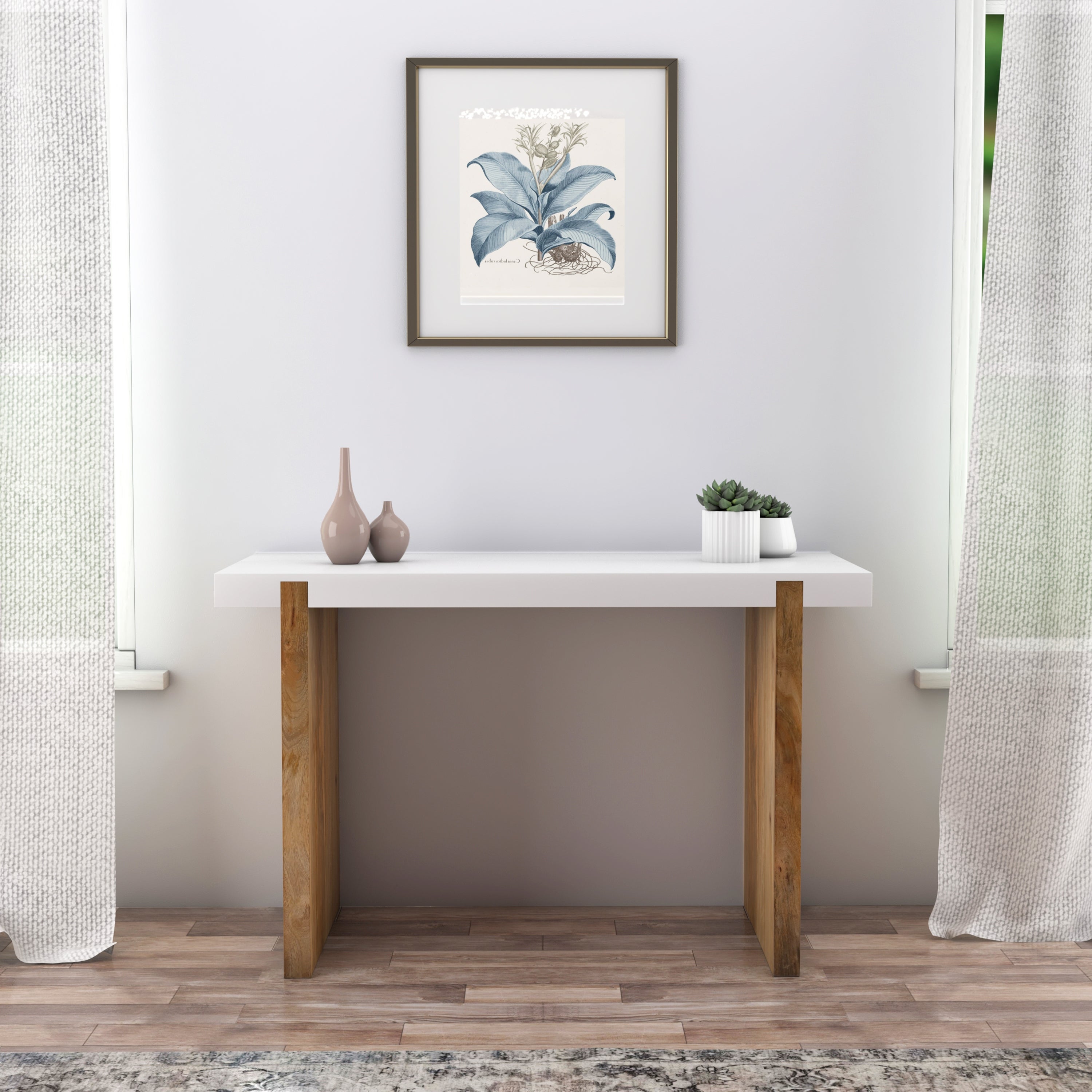 Kerry 48 Inch Rectangular Mango Wood Console Table, Sled Base, Glossy White, Natural Brown