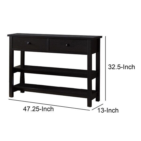 Two Drawer Console Table with Two Open Shelves and Block Legs, Dark Brown