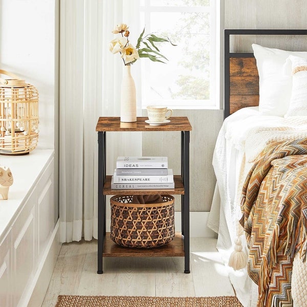 Nightstand, 3-Tier Side Table with Storage Shelf, End Table Steel Frame, for Bedroom, Living Room, Rustic Brown and Black