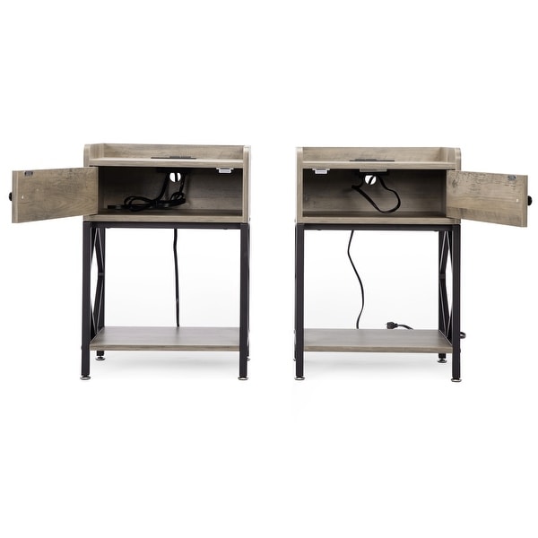Farmhouse Wood Nightstand with Charging Station, USB Ports, and Shelf, Adjustable Foot Pads Set of 2