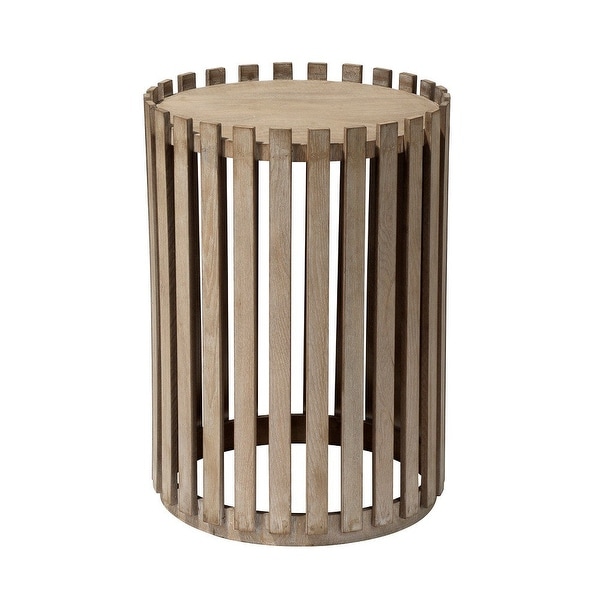 Side Table with Slatted Design Drum Silhouette, Washed brown - 15 L x 15 W x 21 H