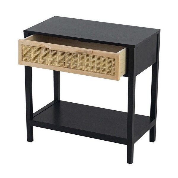 Tia 22 Inch Accent Side Table, Pine Wood, Woven Rattan, 1 Drawer - 22 H x 12 W x 22 L Inches