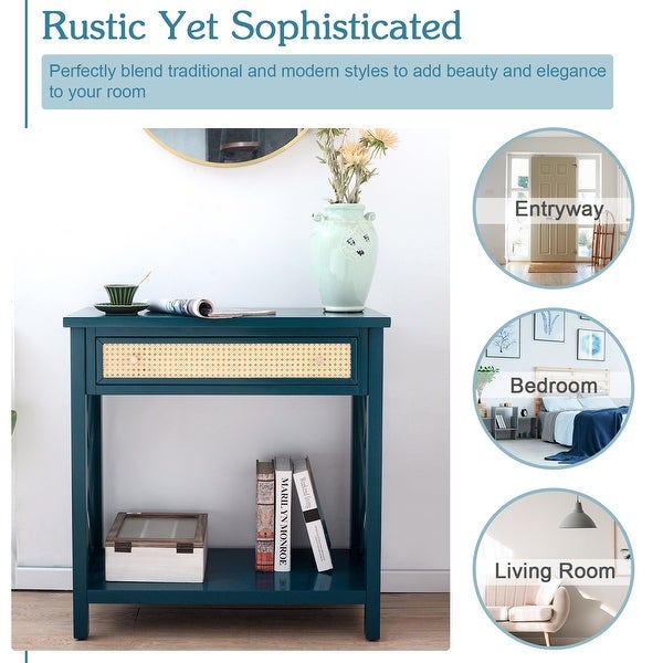 Kinbor Wood Console Table with Rattan Drawer and Bottom Shelf, Modern Sofa Table Entry Hallway Table for Living Room Bedroom