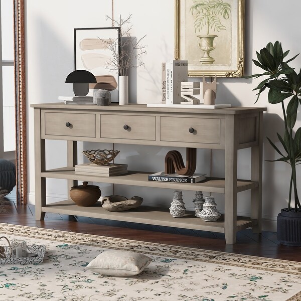Retro Design Console Table with Two Open Shelves , Solid Pine Frame and Legs