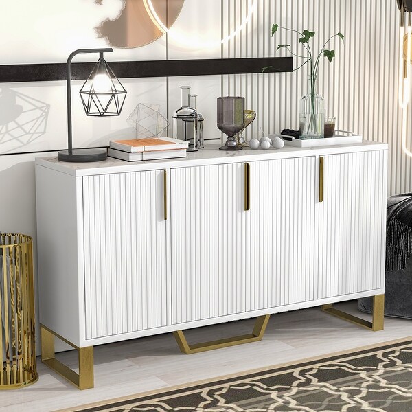 Modern sideboard with Four Doors, Metal handles and Legs and Adjustable Shelves Kitchen Cabinet