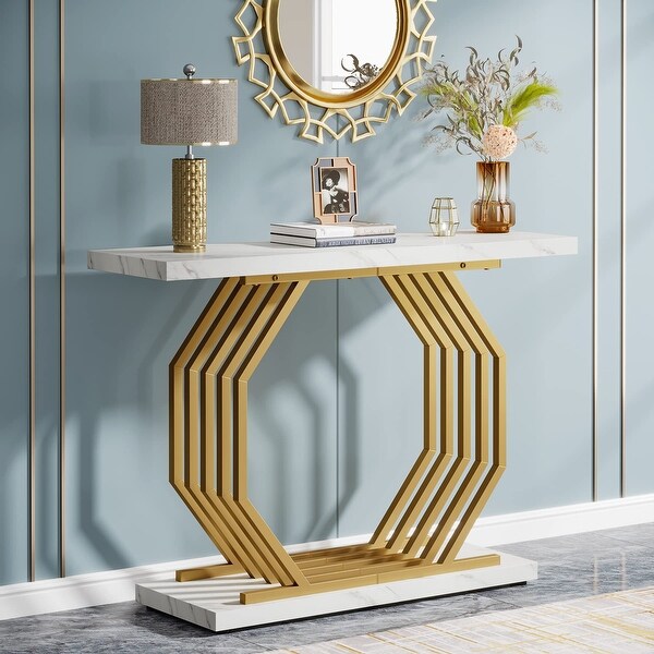 Gold Console Table, Faux Marble Entryway Table Narrow Sofa Table, 40 Inch Modern Accent Table Entrance Table for Living Room