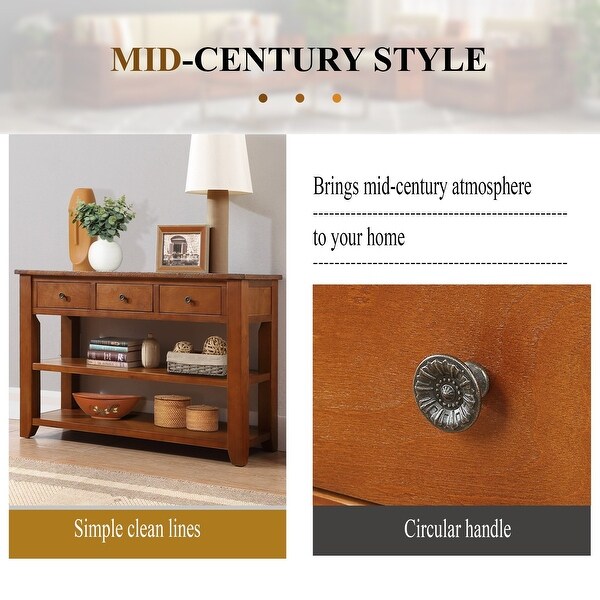 Solid Pine Wood Console Table Cabinet, Classic Vintage Design Entryway Side Table with 3 Storage Drawers and 2 Shelves
