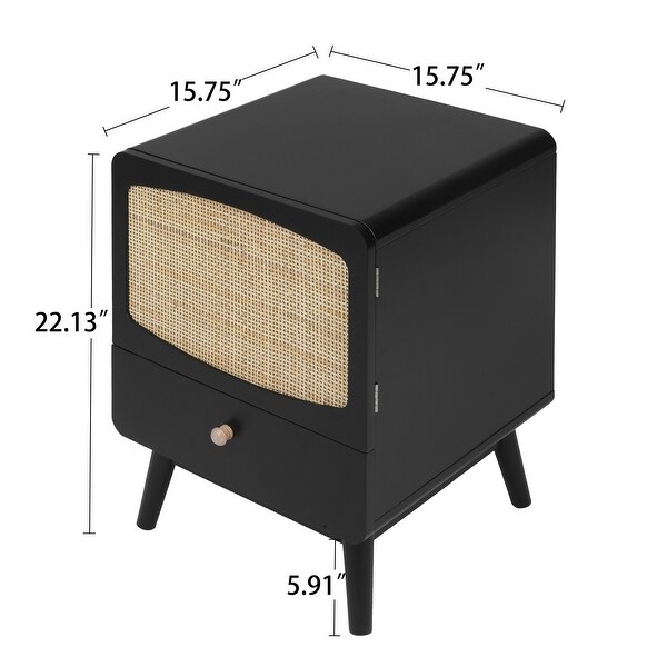 Black Nightstand, Bedside Table with Storage Drawe Rattan Door