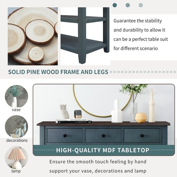 Mid-Century Style Console Table with 3 Drawers 2 Open Shelves, Modern Sofa Table with Solid Wood Frame and Legs for Living Room