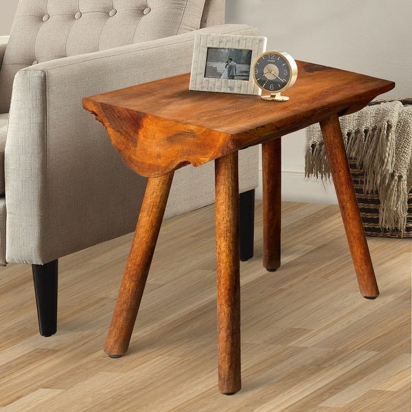 18 Inch Rectangular Mango Wood Accent Side Table with Live Edge Log Top, Warm Brown