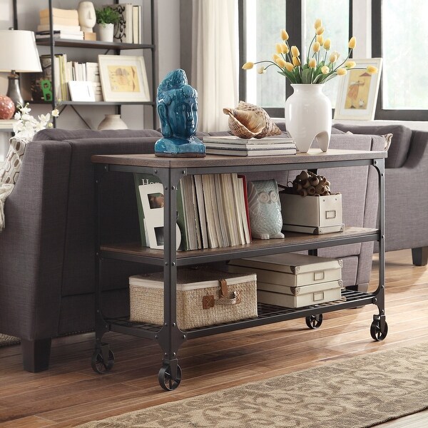 Avery Industrial Wood and Metal Console Table with Wheels, Black/Brown Finish