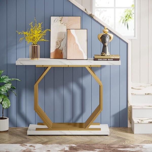 Gold Console Table, Faux Marble Entryway Table Narrow Sofa Table, 40 Inch Modern Accent Table Entrance Table for Living Room