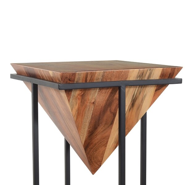 30 Inch Pyramid Shape Wooden Side Table With Cross Metal Base, Brown and Black - 30 H x 15 W x 15 L Inches