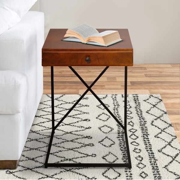 Wooden Sofa Side Table with 1 Drawer and Metal Frame, Brown and Black
