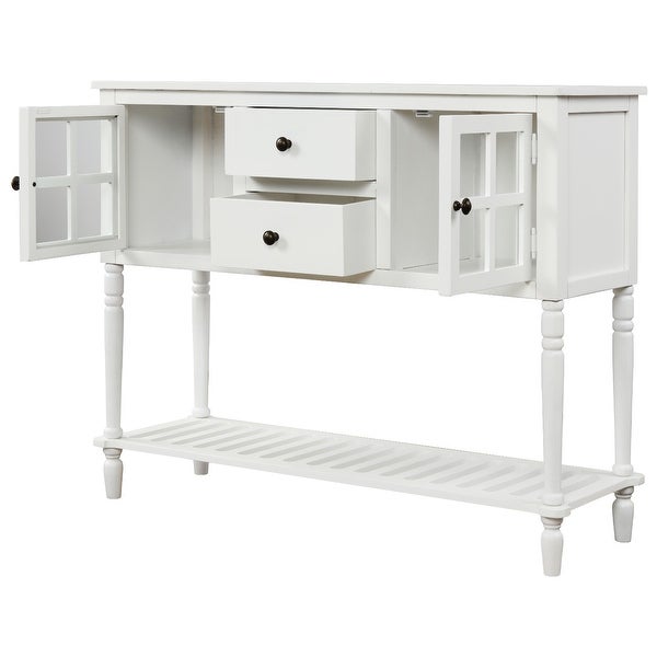 Farmhouse Distressed Sideboard Buffet Console Table with 2 Glass Front Cabinets, 2 Drawers and Slatted Bottom Shelf