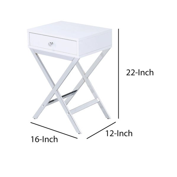 Wood and Metal Side Table with Crossed Base, White and Silver - 22 H x 16 W x 12 L Inches