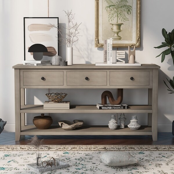 Retro Design Console Table with Two Open Shelves , Solid Pine Frame and Legs