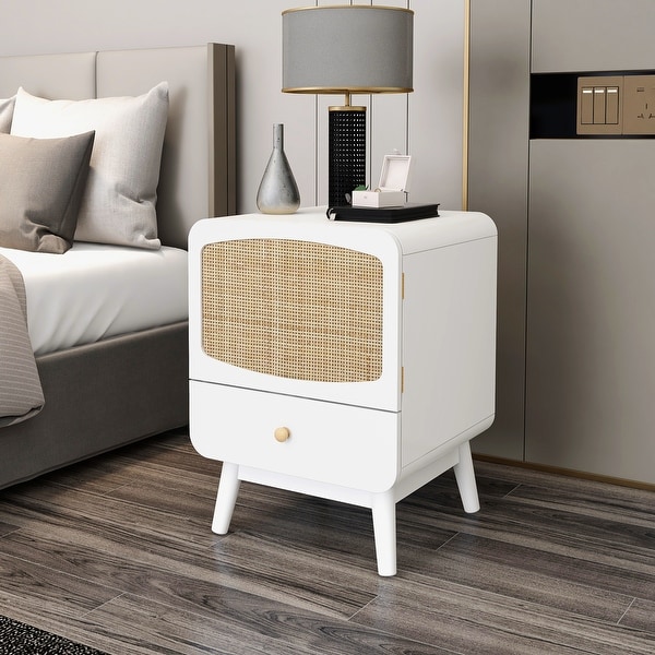 White Nightstand, Bedside Table with Storage Drawe Rattan Door
