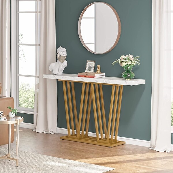 Faux Marble Wooden Console Table for Hallway, Entrance, White and Gold