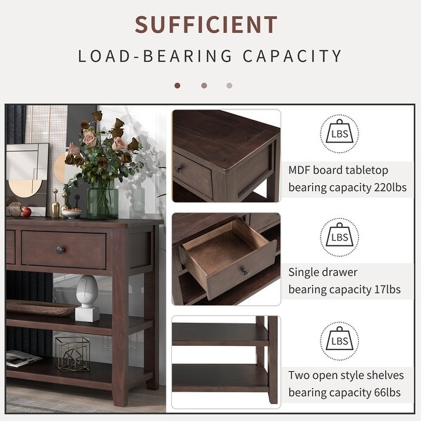 Retro Design Console Table with Two Open Shelves, Pine Solid Wood Frame and Legs for Living Room