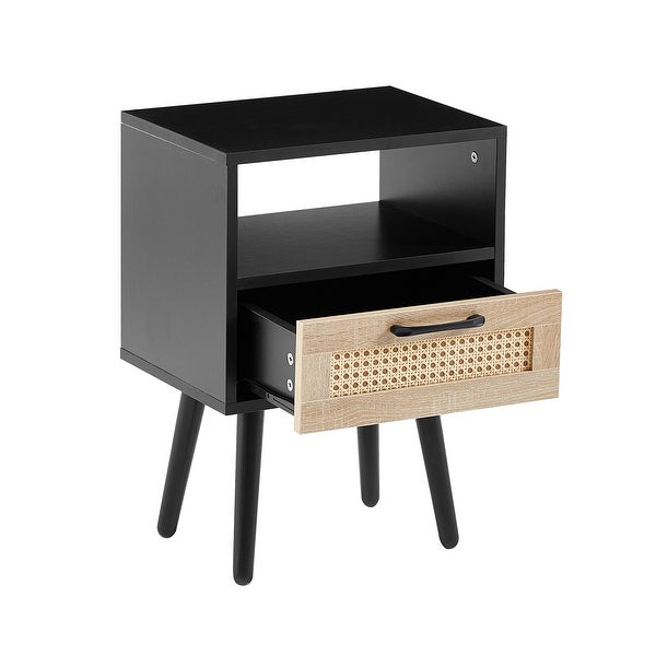 Modern Rattan Side table/Nightstand with 1 Shelf,1 drawer and 4 Solid Wood Legs