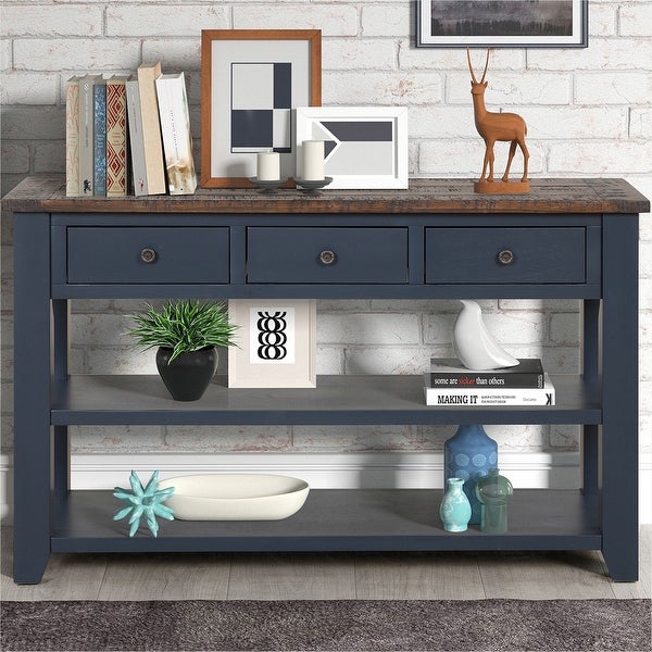 48'' Solid Pine Wood Top Console Table, Modern Entryway Sofa Side Table with 3 Storage Drawers and 2 Shelves. Easy to Assemble