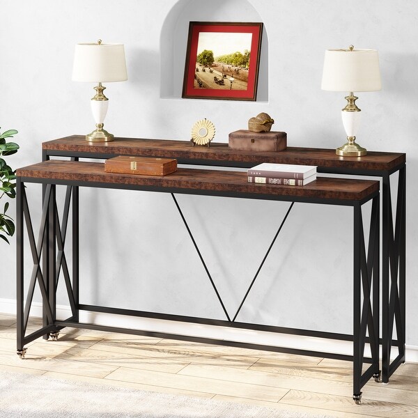 Industrial Sofa Table Set of 2, Narrow Long Sofa Console Tables with Wheels for Entryway