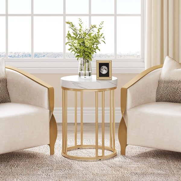 White Gold Round End Table, Modern Bedside Nightstand Faux Marble Top