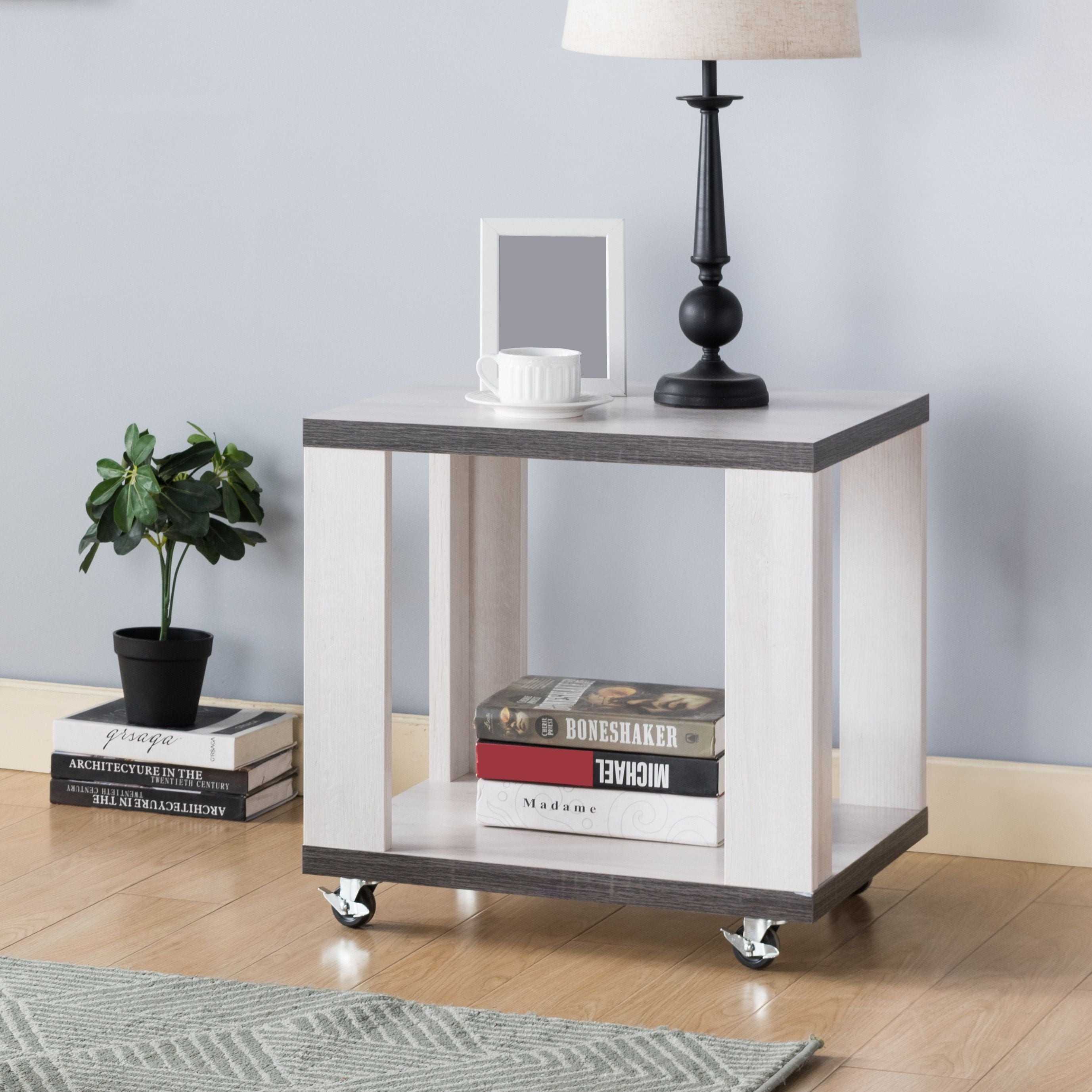 Q-Max Two-Toned End Table with Casters, Side Table with Bottom Shelf, White Oak and Distressed Grey Finish