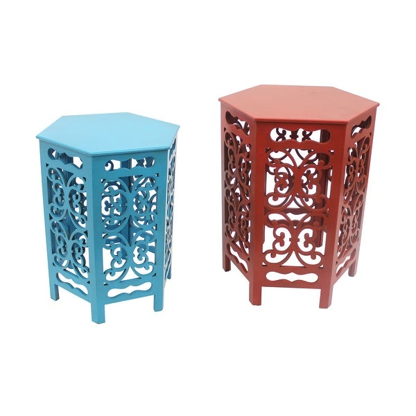 2 Piece Hexagonal Wooden Side Table with Cut Out Details, Red and Blue