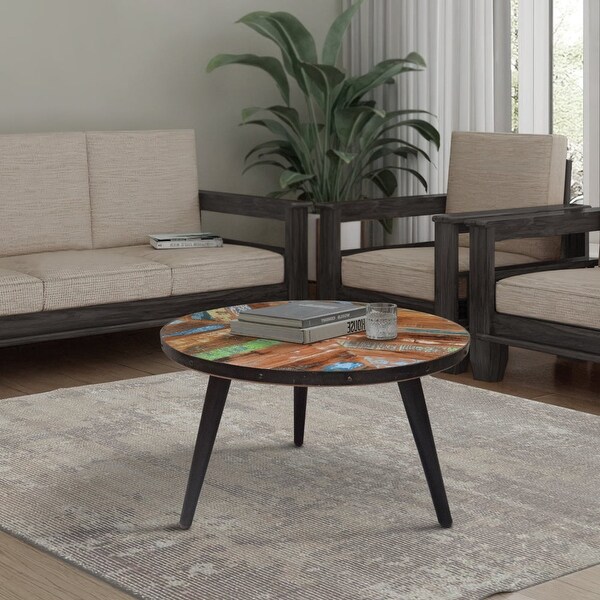17 Inch Industrial Side Table, Reclaimed Wood, Round Multi Tone Top, Iron Trim, Brown, Black - 22 L x 22 W x 16.5 H Inches