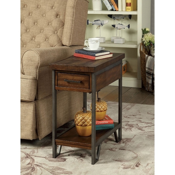 Rectangular Wood and Metal Side Table with USB Outlet, Brown and Gray - 24 H x 20 W x 12 L Inches