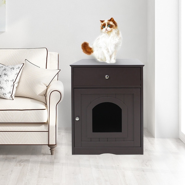 Wooden Side Table Pet House with Drawer, Brown