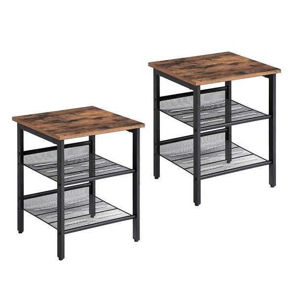 Wooden Side Table with Metal Mesh Shelves, Set of 2, Black and Brown - 19.7 H x 15.7 W x 15.7 L Inches