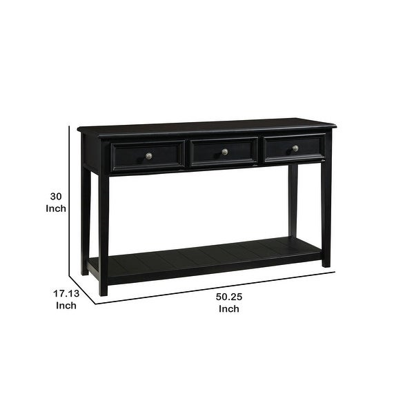 Billy 50 Inch Sofa Console Table, 3 Drawers and Plank Style Shelf, Black