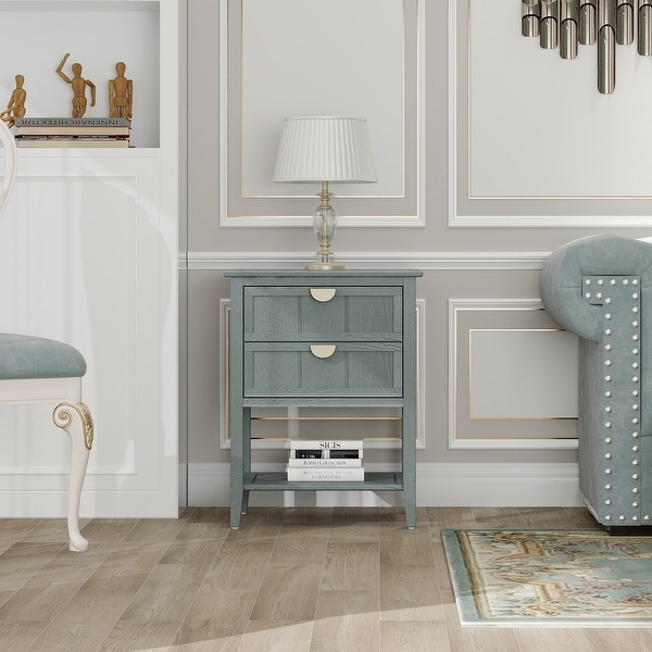 2-Drawer Side Table with Storage Shelf, Traditional End Table, Narrow Telephone Nightstand for Living Room, Bedroom