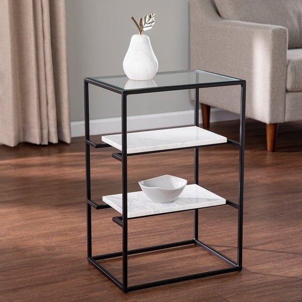 SEI Furniture Piesby Glass-Top End Table with Marble Shelving, Black/White