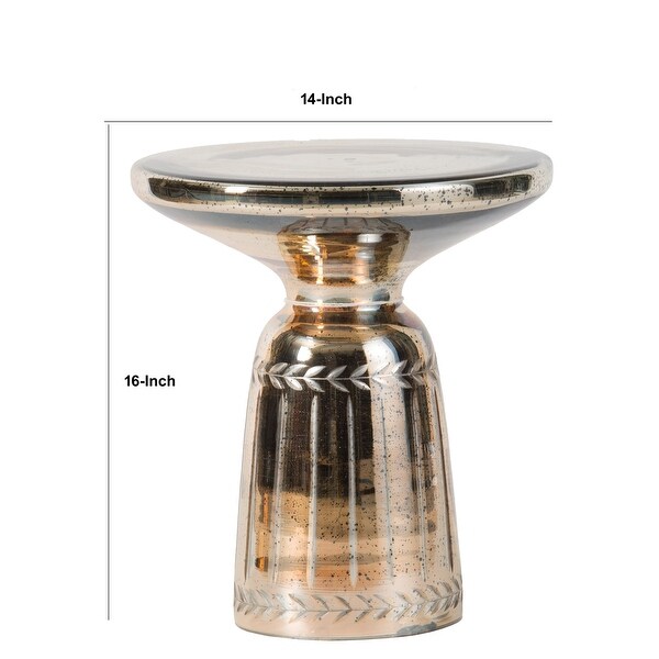 Liv 18 Inch Side Table, Laurel Accent Trimmed Edge, Round Glass Top, Gold