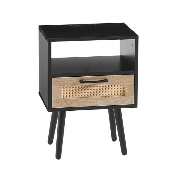 Modern Side table with Drawer and Solid Wood Legs,Rattan Nightstand with Power Outlet and USB Ports