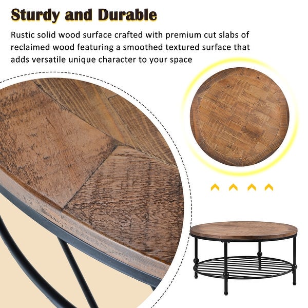Round Console Table with a Storage Shelf and Solid Iron Support Base, Classic Rustic Coffee Table for Living Room, Easy Assembly