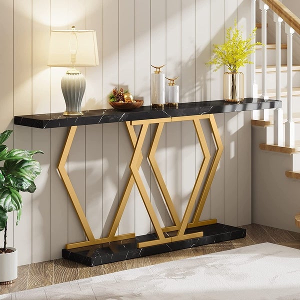 Modern Console Table, 70.9 Inch Extra Long Sofa Table with Faux Marble Tabletop Base Gold Frame for Living Room, White Gold