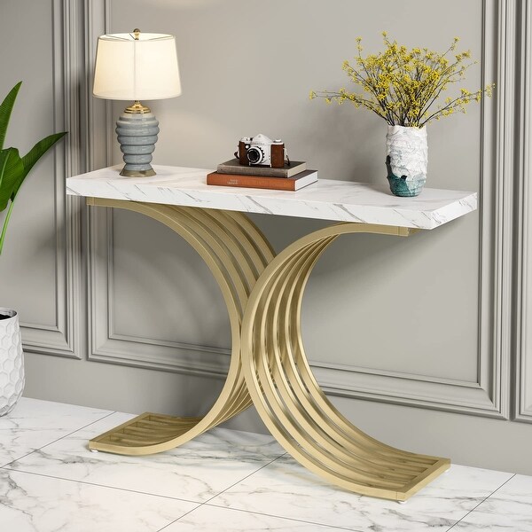 Gold Entryway Console Table with Metal Base, Modern foyer Entry tables, Narrow Sofa Accent Table with Marble Top