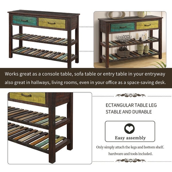 Retro Simplicity Console Table with 2 Drawers and 2 Open Shelfs, Entryway Table with Distressed Finish for Entryway Living Room
