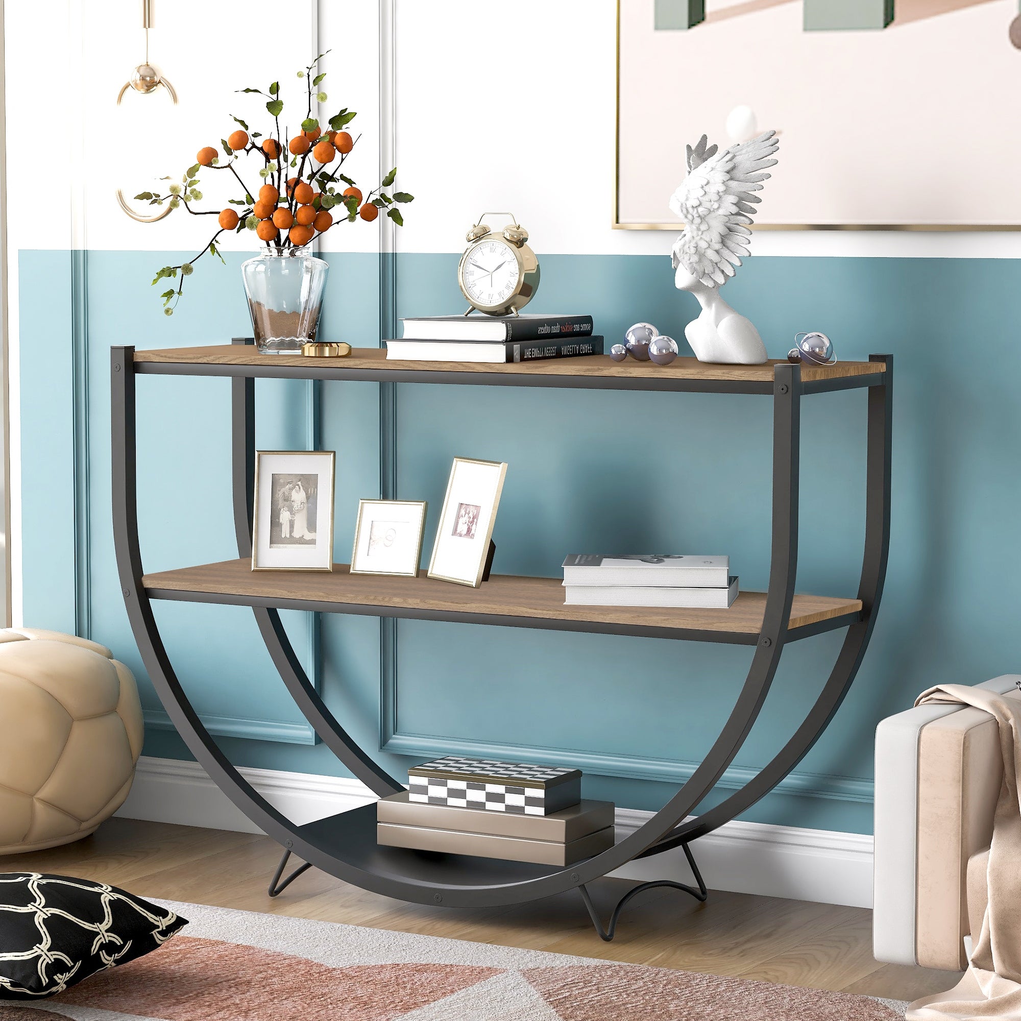Rustic Industrial Demilune Shape Console Table Textured Metal Distressed Wood End Sofa Table with 2-Tier Shelf, Brown