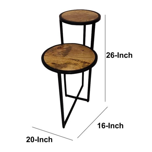 Two Tier Round Wooden Side Table with Metal Frame, Brown and Brass - 13 L X 20 W X 26 H Inches