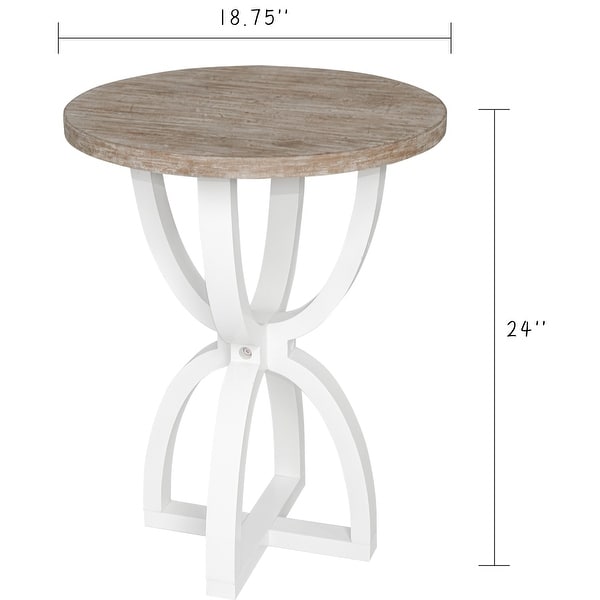 Farmhouse Round End Table, Rustic Wood Side Table for Living Room/Bedroom, White/Natural