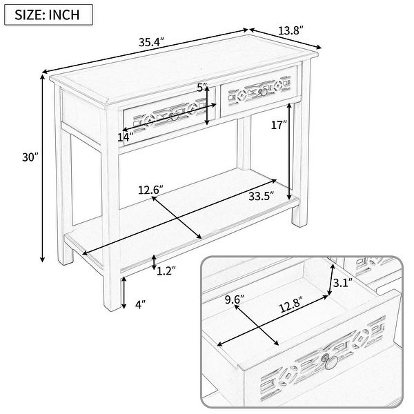 Classic Wooden Console Table with 2 Top Drawers and Open Storage Shelf, Sofa Table with Hollow-out Decoration, Silver