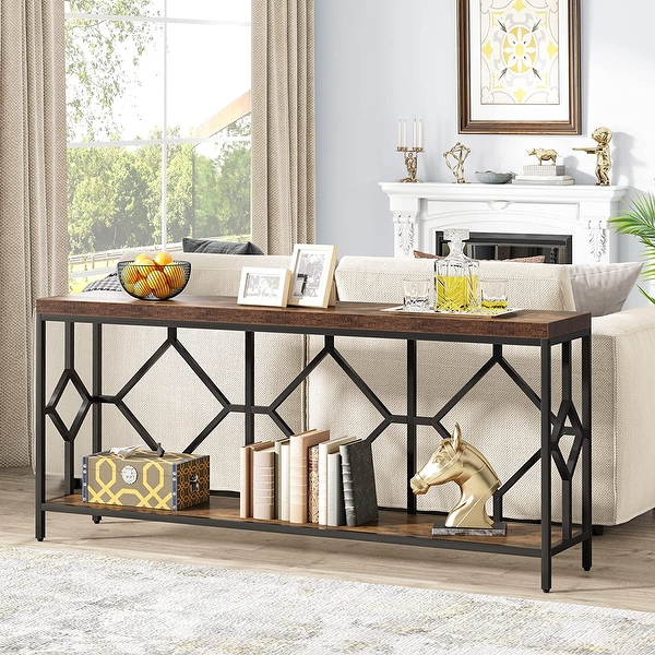 71 Inch Extra Long Console Table, Industrial Narrow Sofa Table Entry Table Behind Couch Table with Open Storage Shelf