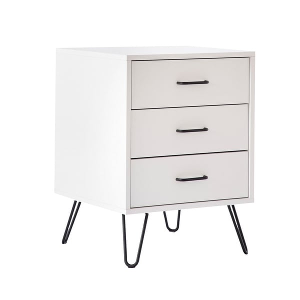 Harper 24 Inch Handcrafted Modern Wood Nightstand, 3 Drawers, Metal Hairpin Legs, White