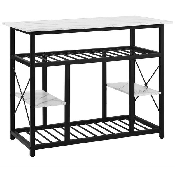 Kitchen Island with 4 Open Shelves(2 Side Shelves) and Wood Surface, Multifunctional Counter Height Prep Table, Marble